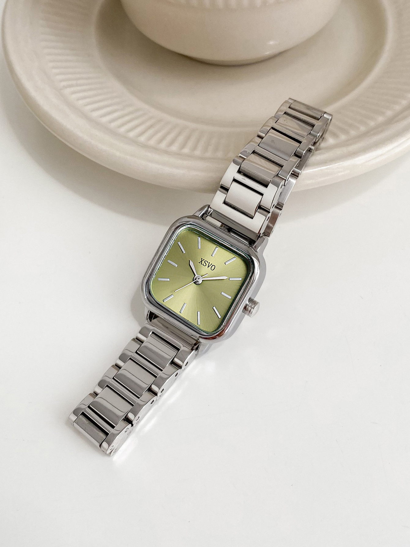 Luxury Watch With Green Dial - Elegant Square Women's Wristwatch, Luxury Silver