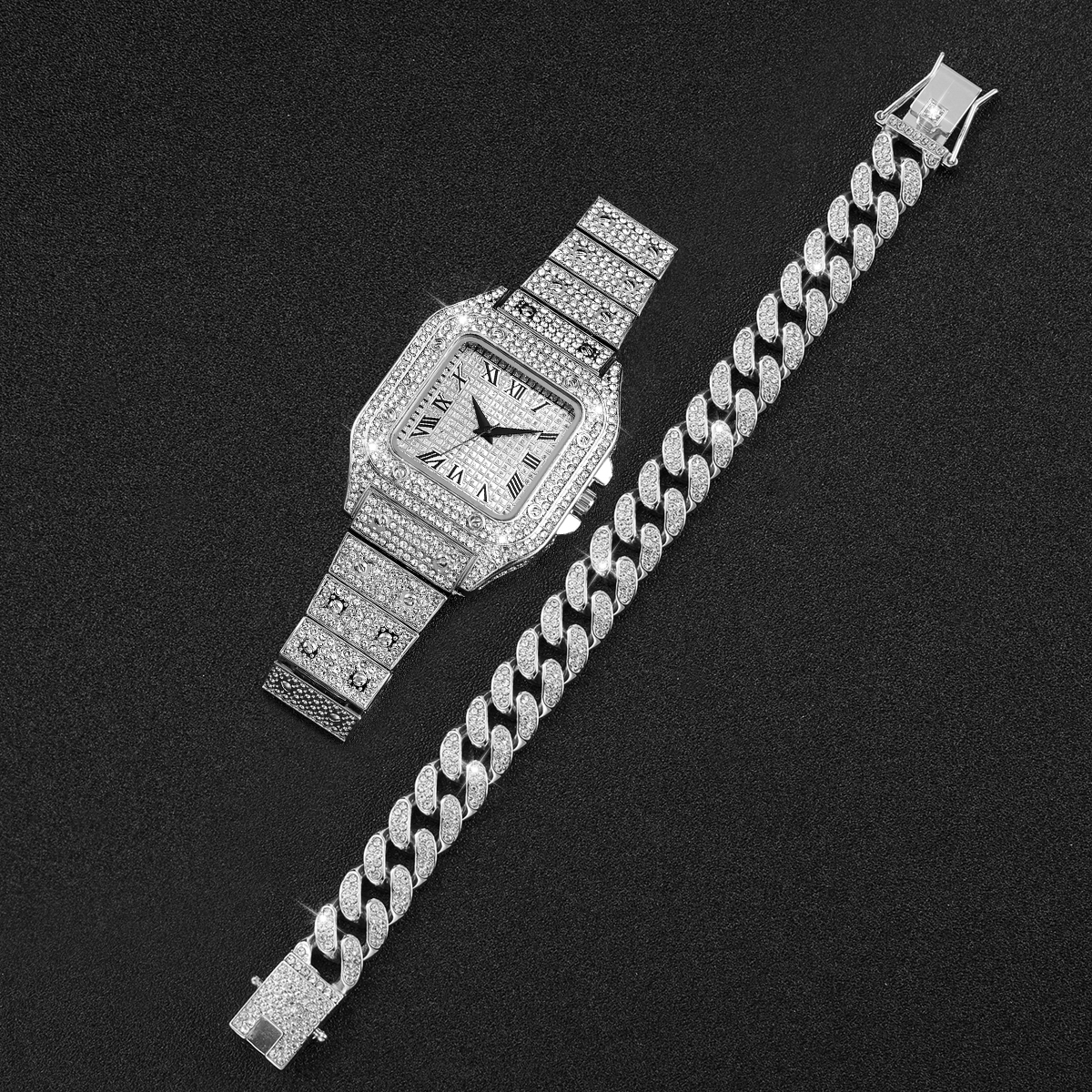 2PCS Iced Out Square Watch & C - Luxury Watch Uk avaliação e preço